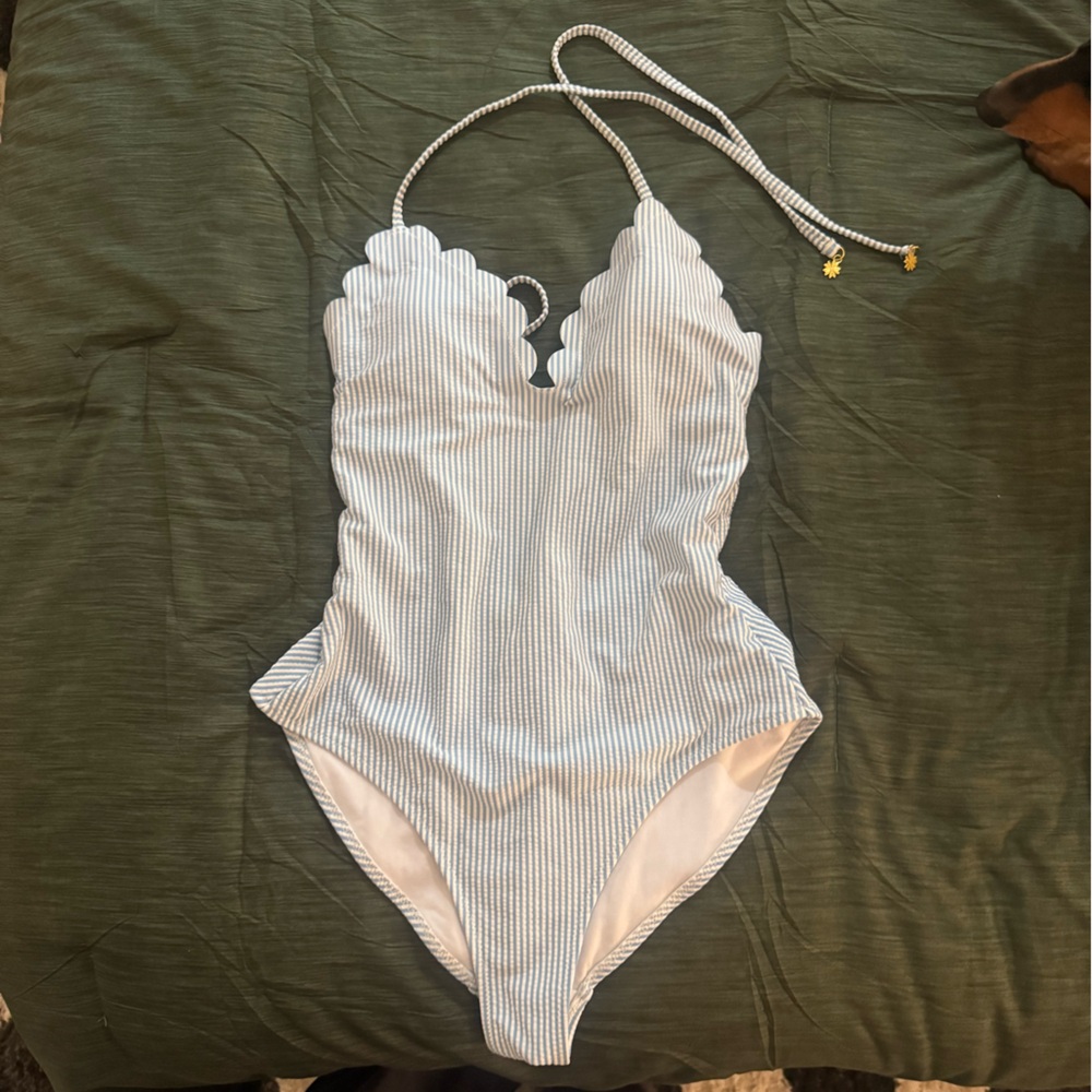 Striped Halter Swimsuit with Scalloped Edges